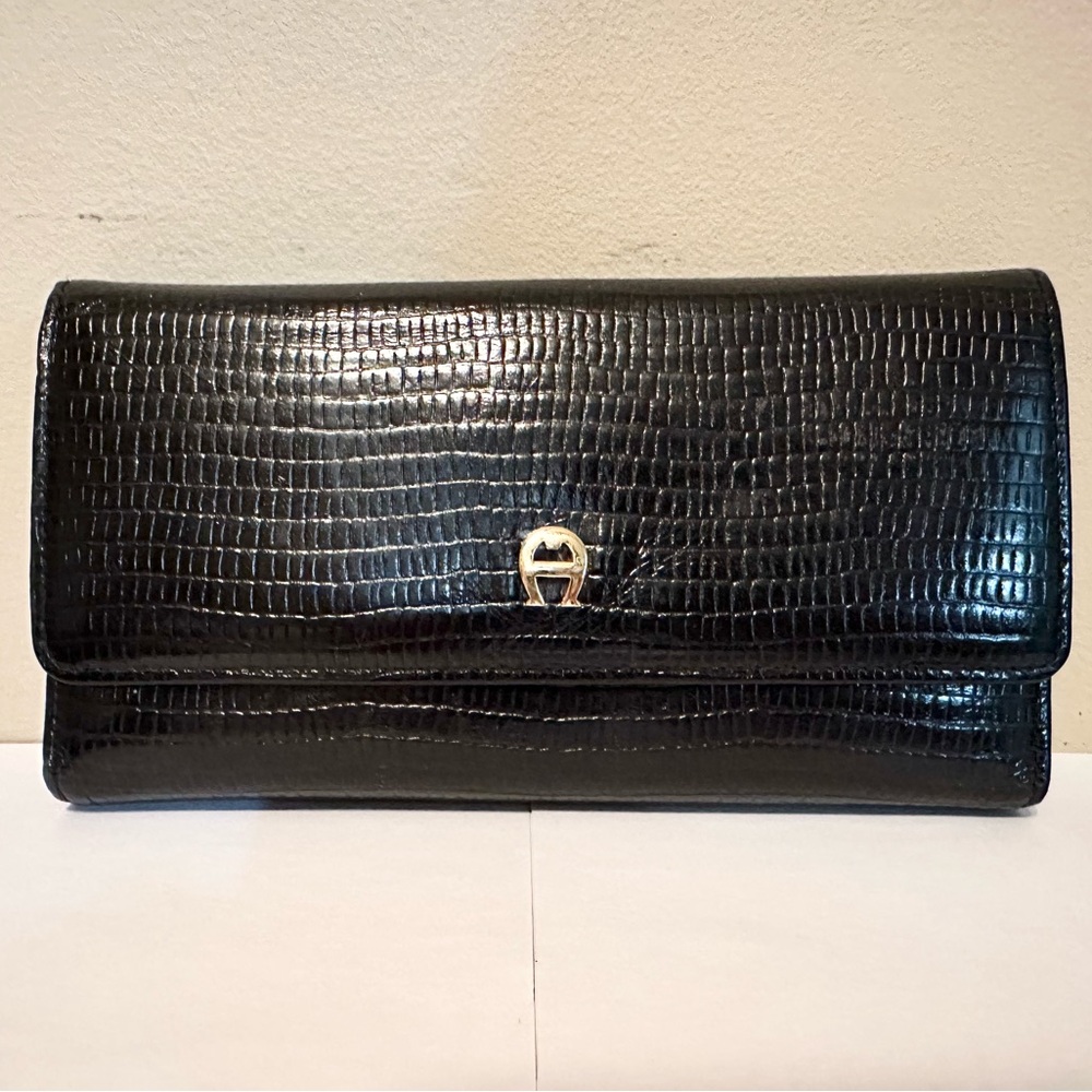 Vintage Etienne Aigner Black Trifold Wallet with Checkbook Insert